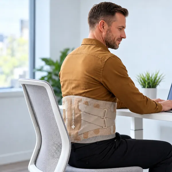 Mann sitzt am Schreibtisch und arbeitet am Laptop, Rückenstützgürtel am unteren Rücken