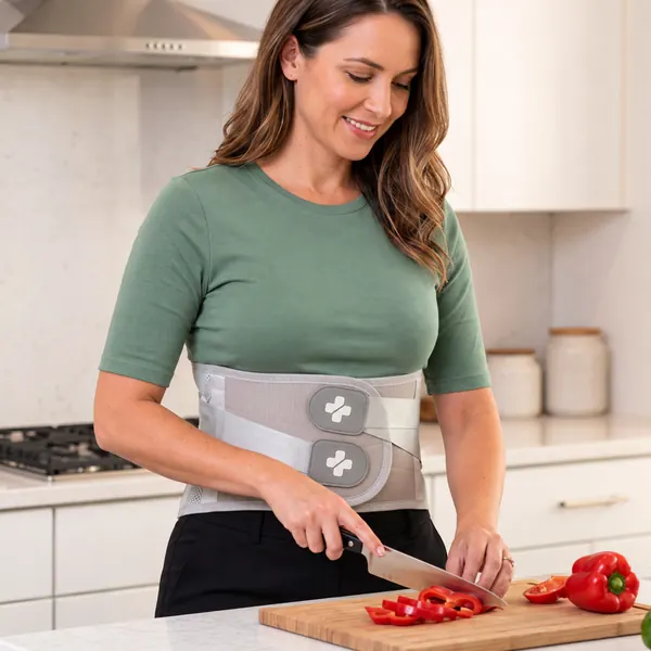Frau schneidet in der Küche Paprika und trägt den Rückenstützgürtel