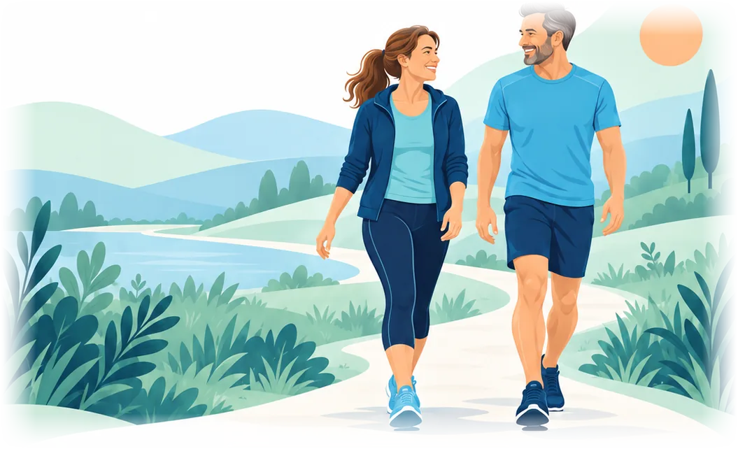 Illustration: Paar spaziert gut gelaunt auf einem Weg durch eine grüne Landschaft