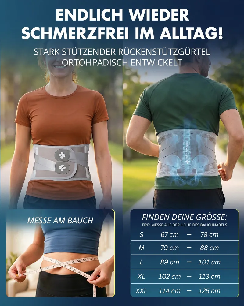 Frau und Mann tragen den Rückenstützgürtel im Park, darunter Anleitung zum Messen und Größentabelle