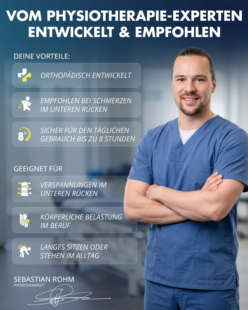 Physiotherapeut mit verschränkten Armen neben den Vorteilen des Rückenstützgürtels